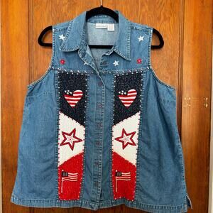 Vintage Fashion Bug Americana Embroidered Stars USA Flag Denim Vest Tank‎ 18/20W
